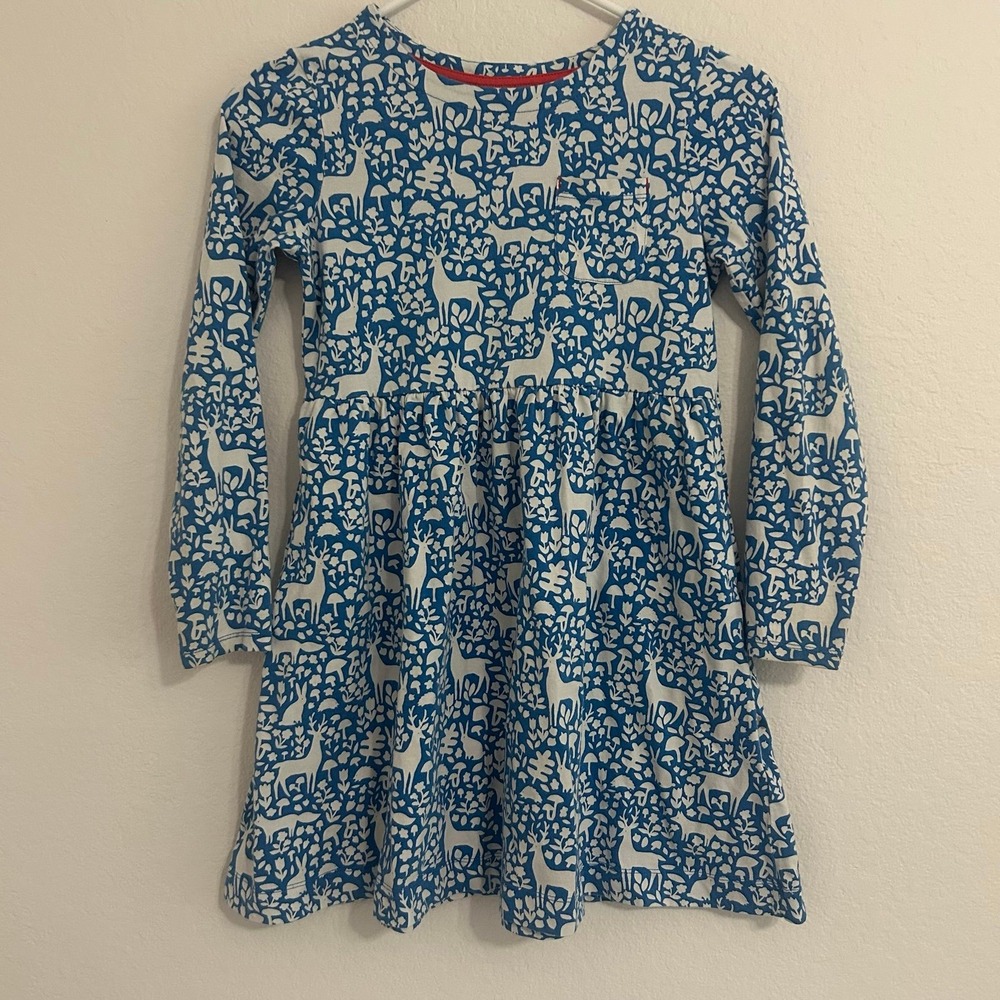Mini Boden Girls Blue Floral Bunny Deer Printed Dress Long Sleeves Size 9-10Y